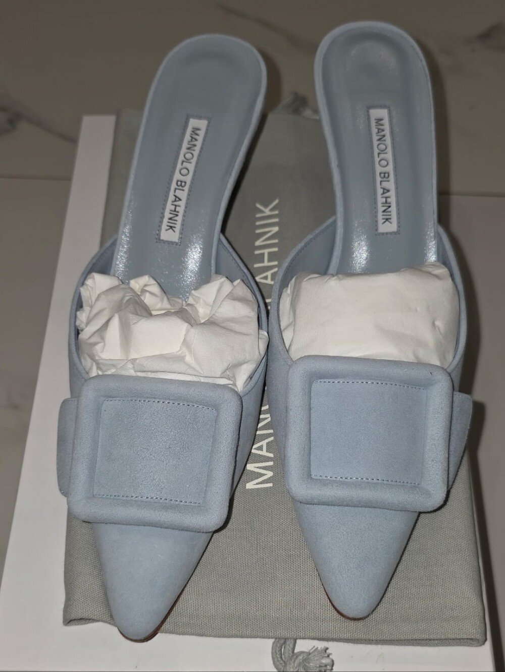 Manolo Blahnik Light Blue Suede Slide Mules